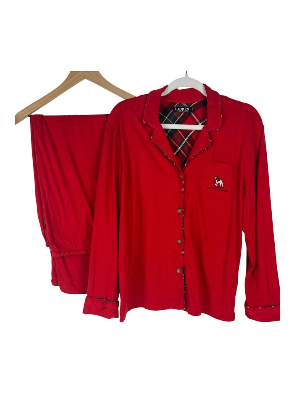 LRL Sz XL Pajama Set Red Embroidered Dog Plaid Trimmed Red Cotton